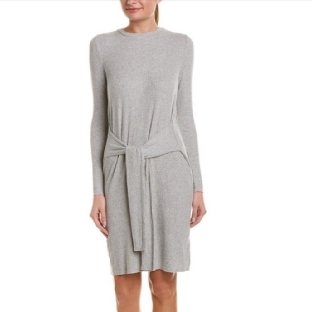 Velvet by Graham & Spencer Light Grey Ribbed Knit Tie Front Long Sleeve Dress M